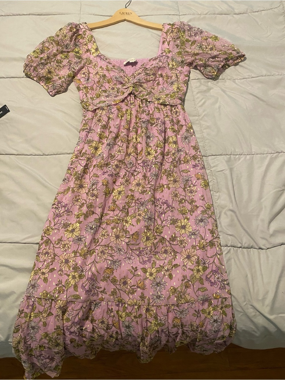LOFT Pink Floral Tie-Front Puff Sleeve Dress
